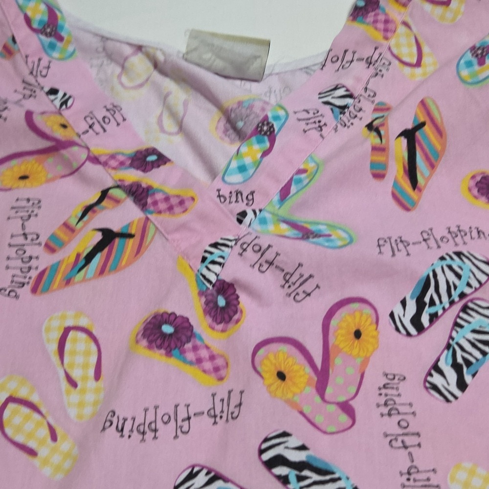 Tafford Women's 2XL Scrub Top Pink Flip Flop Beach Print Short Sleeve Pockets